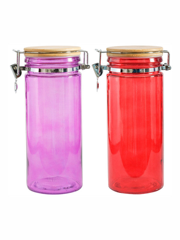 Goodhomes Color Glass Storage Jar with Wooden Clip Lid (Set of 2pcs)