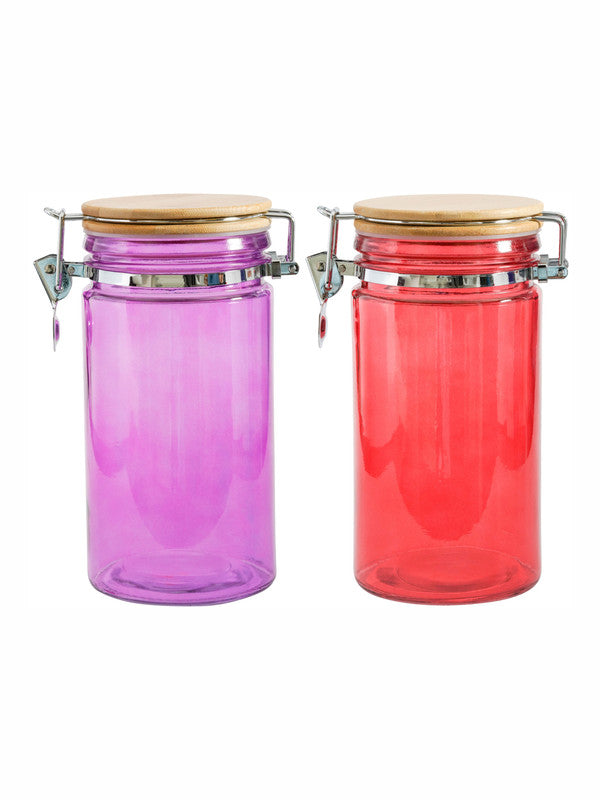 Goodhomes Color Glass Storage Jar with Wooden Clip Lid (Set of 2pcs)