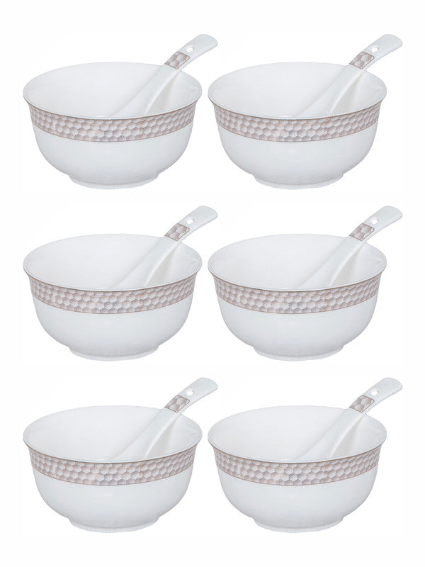 Goodhomes Porcelain Soup Bowl with Spoon (Set of 6pcs Bowl & 6pcs Spoon)