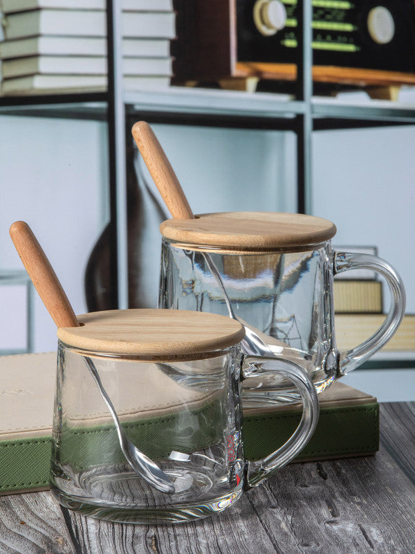 Goodhomes Glass Coffee Mug with Wooden Lid & Spoon (Set of 2pcs Mug with Lid & 2pcs Spoon)