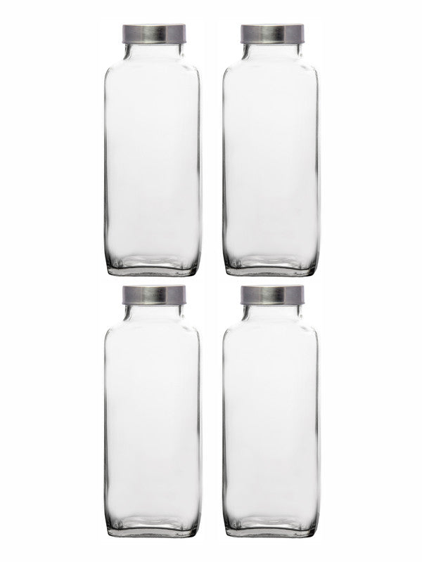 Goodhomes Glass Water Square Bottle with Lid (Set of 4 pcs)