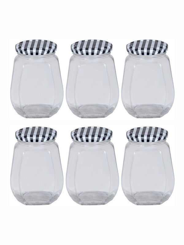 Goodhomes Glass Storage Jar with Black Checks Metal Lid (Set of 6pc)