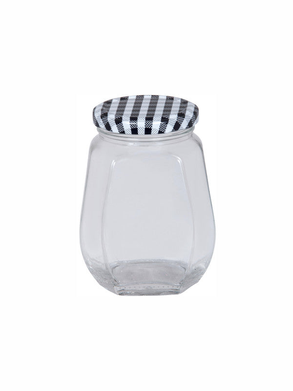 Goodhomes Glass Storage Jar with Black Checks Metal Lid (Set of 6pc)