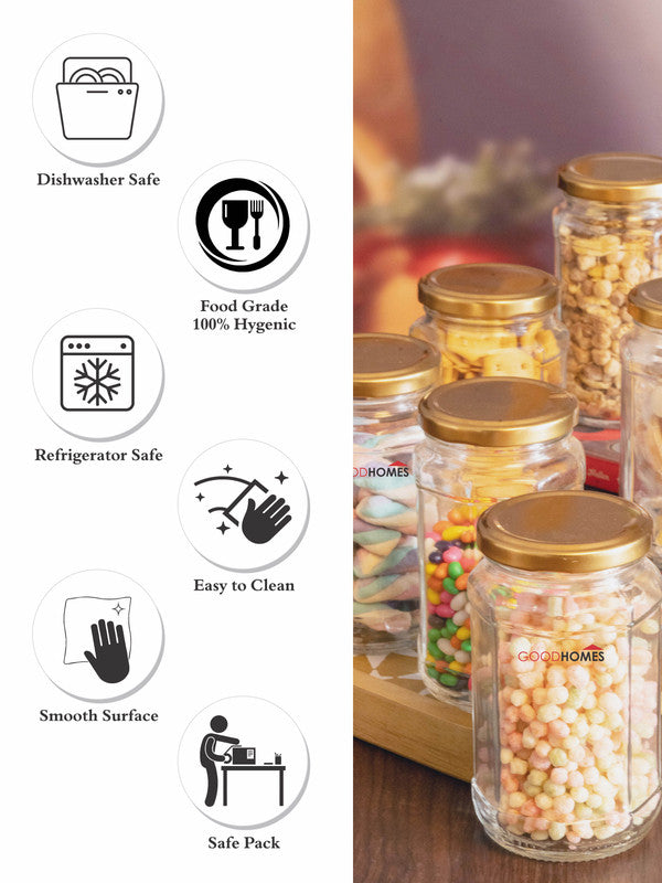 Goodhomes Glass Storage Jar with Gold Metal Lid (Set of 6pcs)