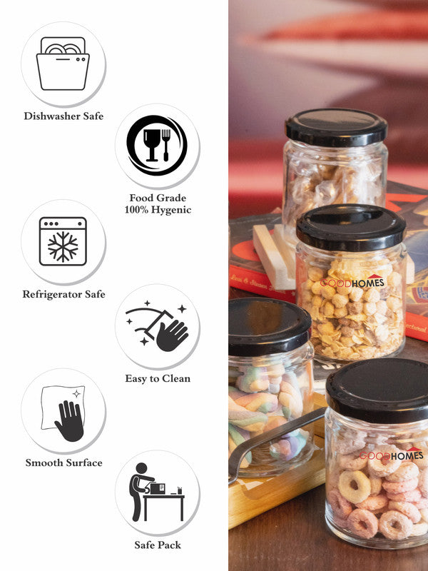 Goodhomes Glass Storage Jar with Black Metal Lid (Set of 6pcs)