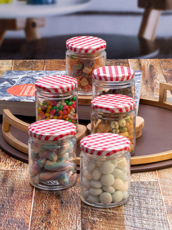 Goodhomes Glass Storage Jar with Red checkered Lid(Set of 6 Pcs.)