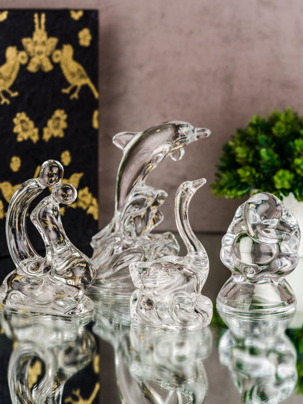 Glass Showpiece Set of Ganesha, Dolphin, Swan and Embrace Couple Figurines (Set of 4 pcs)