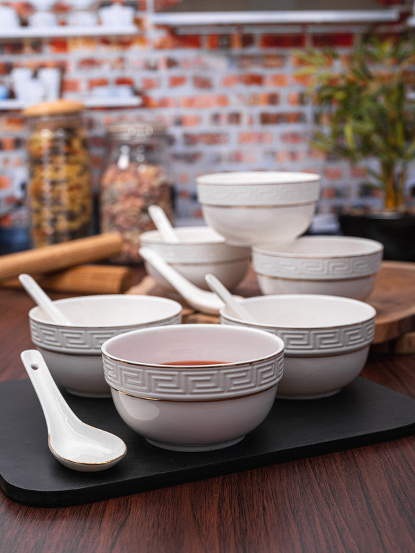 Porcelain Embossed Soup set with spoon (Set of 12pcs)