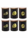 Goodhomes Glass Storage Jar with Wooden Lid & Gold Print (Set of 6pcs)