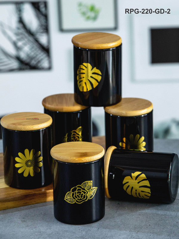 Goodhomes Glass Storage Jar with Wooden Lid & Gold Print (Set of 6pcs)