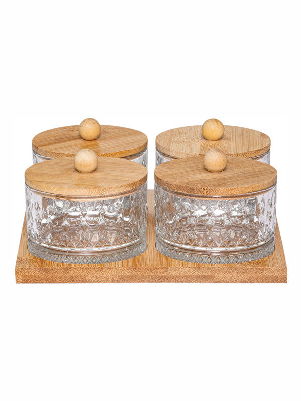 Midas Glass Bowl with Lid 4pcs & Wooden Tray 1pc