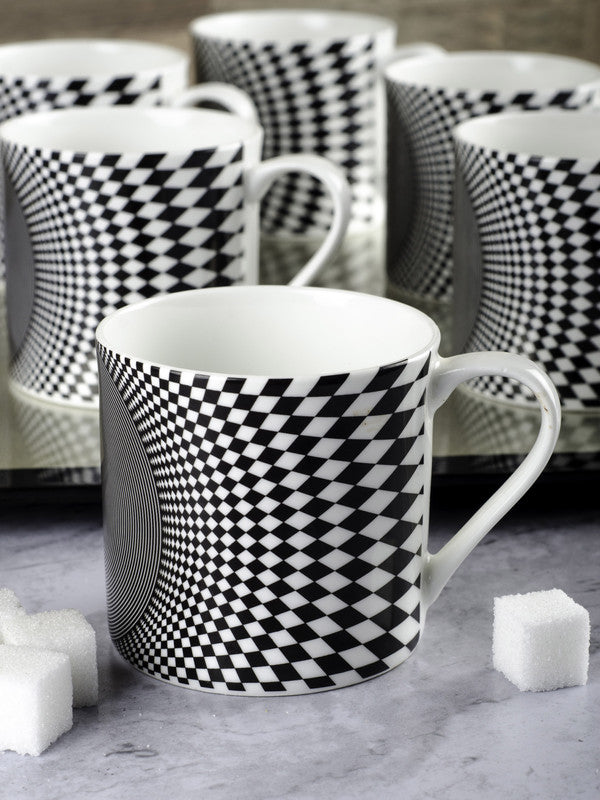 Bone China Tea Cups/Coffee Mugs with Monochromatic Geometric Design (Set of 6 mugs)