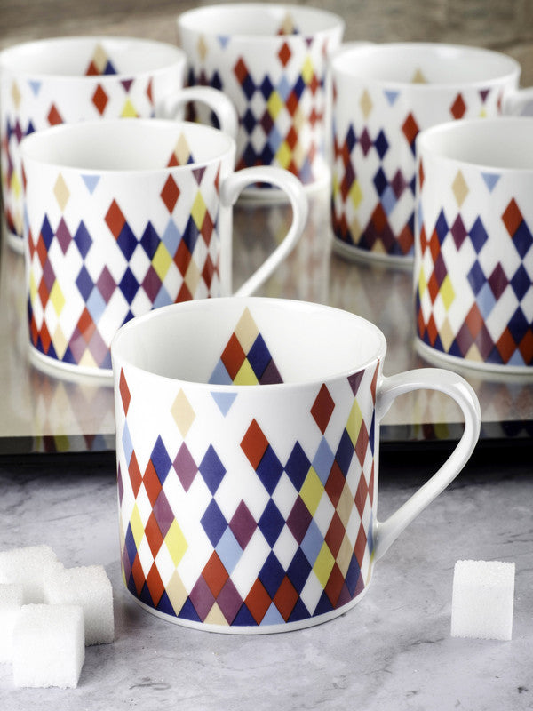 Bone China Tea Cups/Coffee Mugs with Geometric Design (Set of 6 mugs)