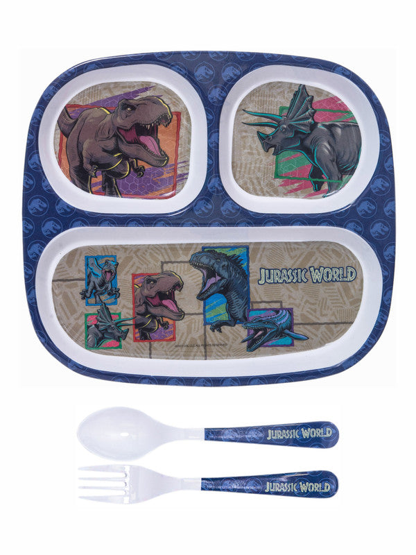 1 pc 3 Part Rect Plate and 1 pc Fork & Spoon 16 cm Set 3 pc - Jurassic world