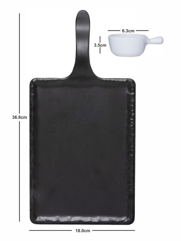 Servewell Rectangular Matte Handle Platter and Rnd Scoop Set 3 pc - Black platter and White scoop