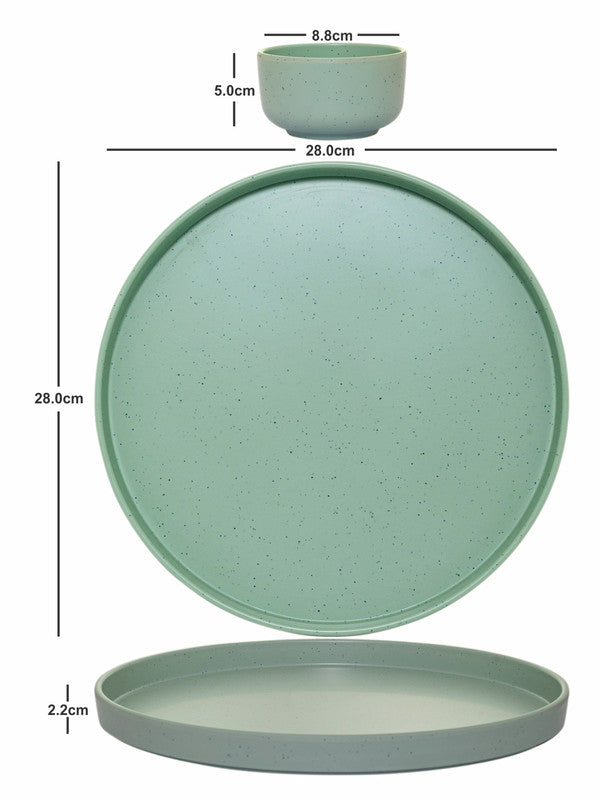 Servewell 4pcs Thali Dinner Plate With 4pcs Thali Veg Bowl (Set of 8 pcs) - Dots Green