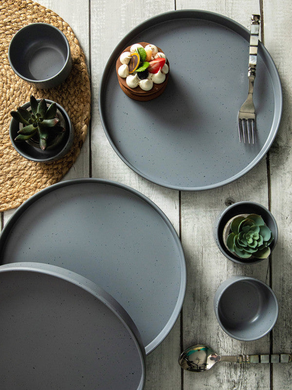 Servewell 4pcs Thali Dinner Plate With 4pcs Thali Veg Bowl (Set of 8 pcs) - Dots Grey