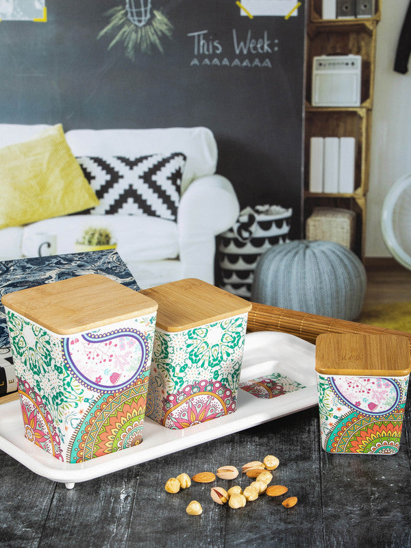 Stehlen Melamine Decorative 3pcs Canister with Wooden Lid and Tray (Set of 4pcs)