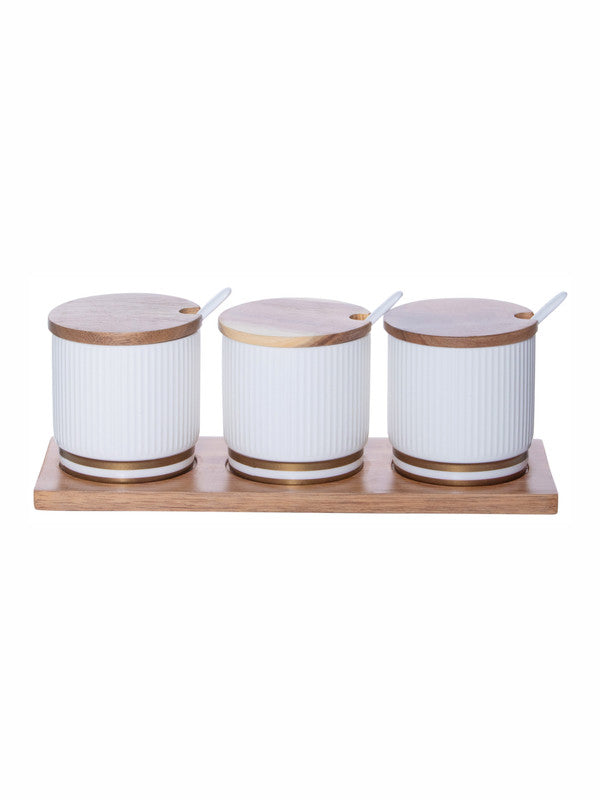 Goodhomes Porcelain Condiment Bowl with Gold Print, Spoon & Wooden Lid & Tray (Set of 3pcs Jar with Lid, 3pcs Spoon & 1pc Tray)