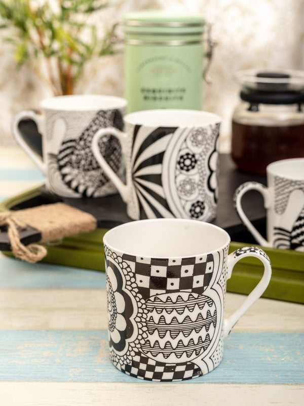 Bone China Tea Cups/Coffee Mugs with Monochromatic Design (Set of 4 mugs)