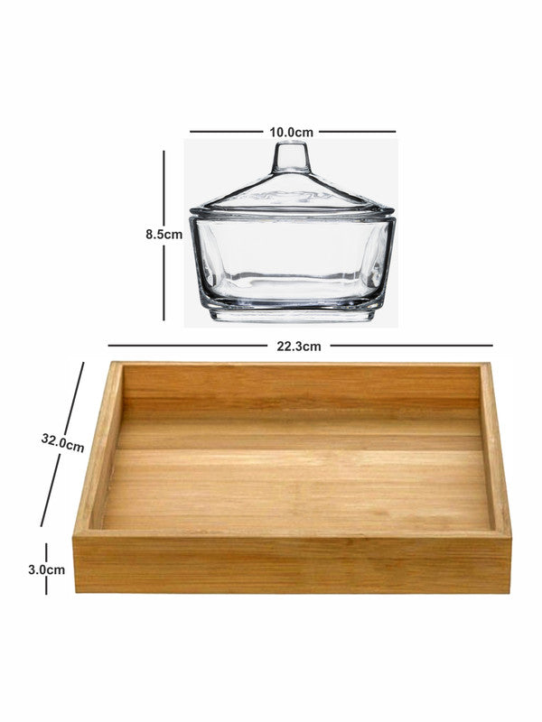 6pcs Glass Candy Bowl with Lid & Wooden Tray set