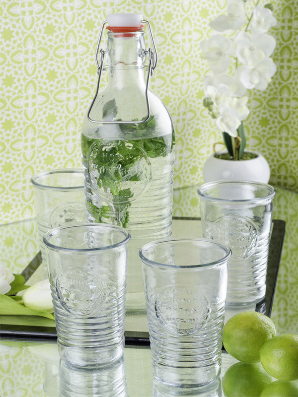 Glass Bottle with Airtight Flip Swing Cap with Tumblers (Set of 5 pcs)