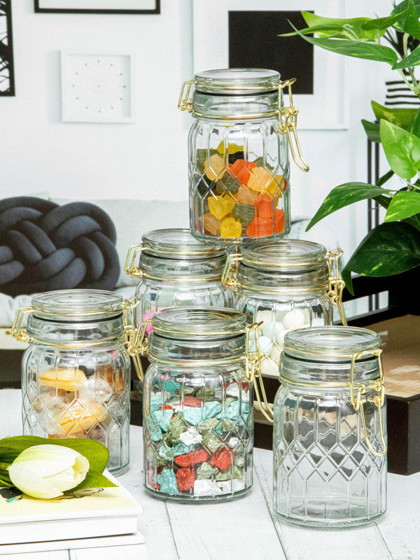 White Gold Glass Storage Jar with Glass Clip Lid (Set of 6pcs)