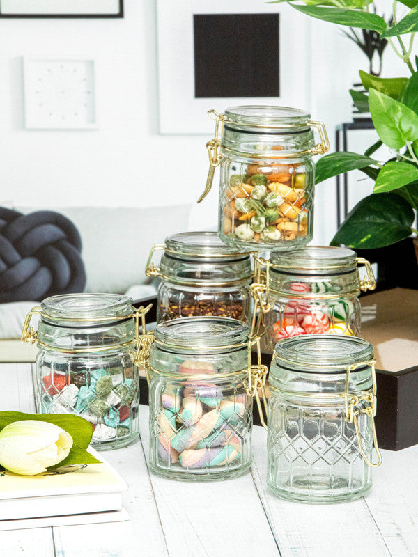 White Gold Glass Storage Jar with Glass Clip Lid (Set of 6pcs)