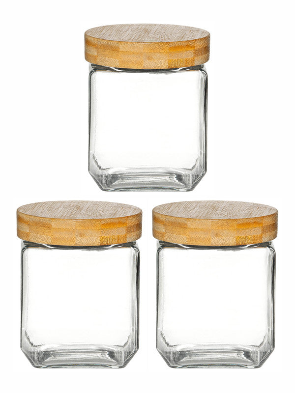 White Gold Airtight Glass Canister with Bamboo Lid (Set of 3pcs)