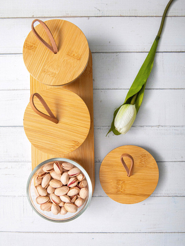 White Gold Airtight Glass Container with Bamboo Lid & Tray (Set of 3pcs Canister & 1pc Tray)