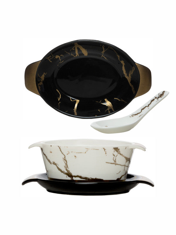 White Gold Porcelaine Oval Bowl with Saucer & Spoon (Set of 6pcs Bowl, 6pcs Saucer & 6pcs Spoon)