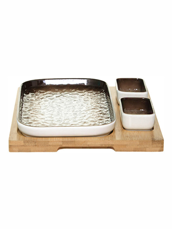 Porcelain Rectangle Plate with 2pcs Bowl & Wooden Tray