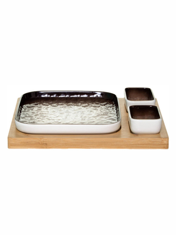 Porcelain Square Plate with  2pcs Bowl & Wooden Tray