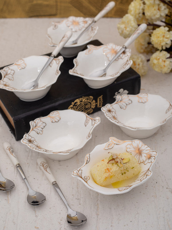 Porcelain Dessert Bowls n Spoons with Real Gold Design (Set of 12 pcs)