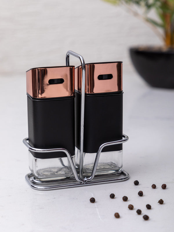 Salt n Pepper Shaker in Square Shape with Metal Stand (Set of 3 pcs)
