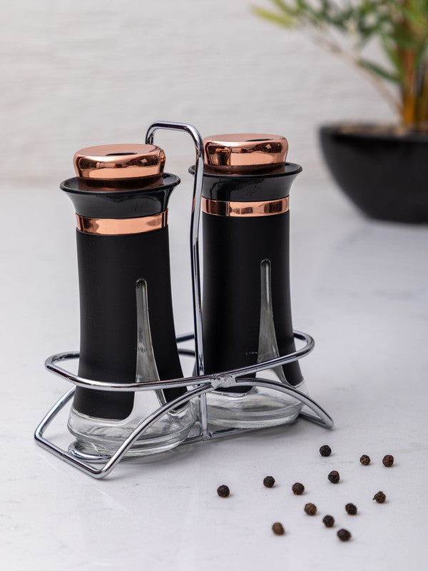 Salt n Pepper Shaker in Round Shape with Metal Stand (Set of 3 pcs)