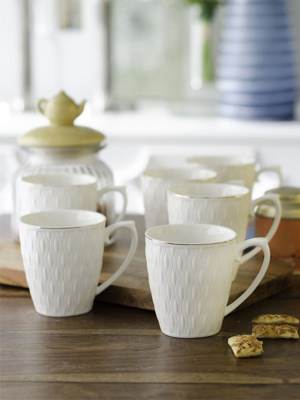 Porcelain Self Embossed Tea Cups/Coffee Mugs with Real Gold Line (Set of 6 Mugs)