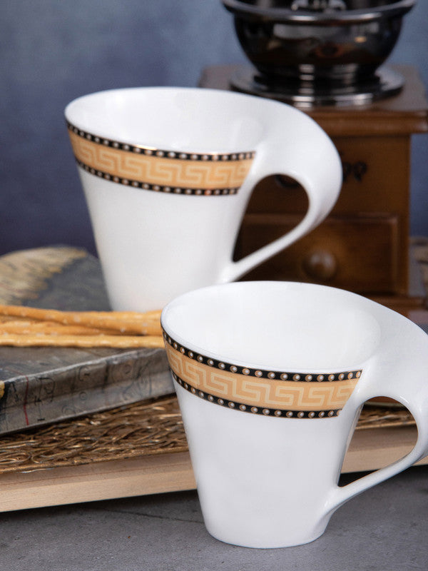 White Gold Porcelain Tea/Coffee Mug with Gold Print (Set of 6pcs)