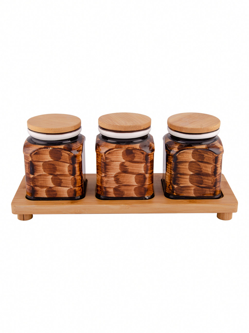 White Gold 3pcs Jar Set with Wooden Tray & Lid