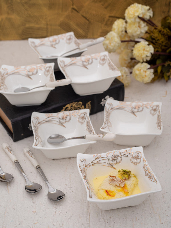 Porcelain Dessert Bowls n Spoons with Real Gold Design (Set of 12 Pcs)