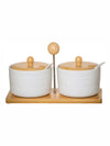 White Gold Porcelain Container with Wooden Lid & Tray with Spoon (Set of 2pcs Canister with Lid, 2pcs Spoon & 1pc Wooden Tray)