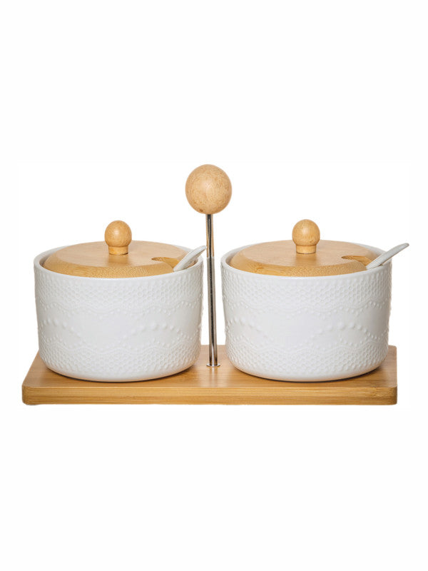 White Gold Porcelain Container with Wooden Lid & Tray with Spoon (Set of 2pcs Canister with Lid, 2pcs Spoon & 1pc Wooden Tray)