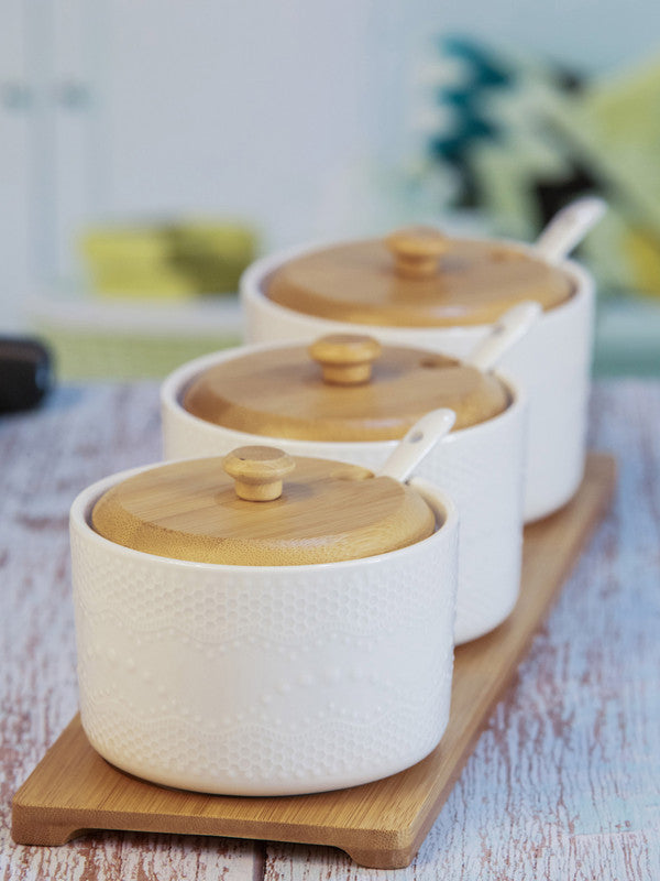 White Gold Porcelain Container with Wooden Lid & Tray with Spoon (Set of 3pcs Canister with Lid, 3pcs Spoon & 1pc Wooden Tray)