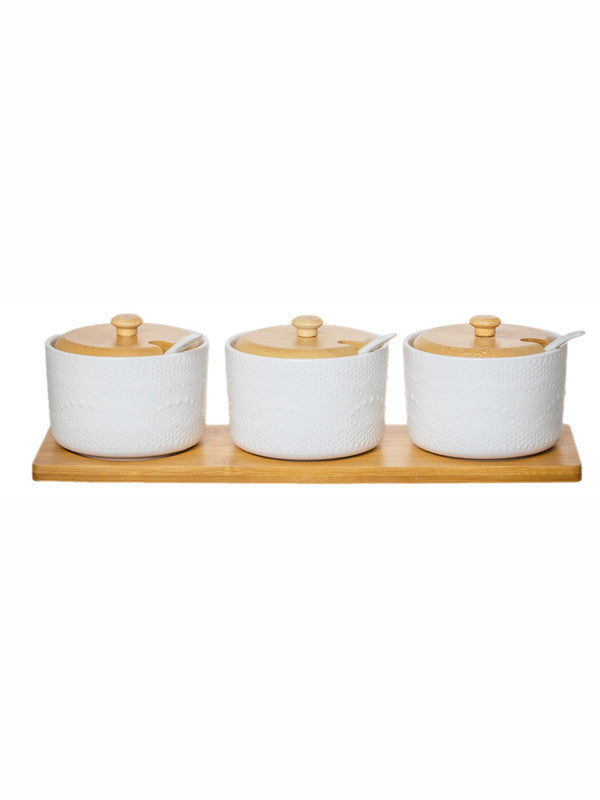 White Gold Porcelain Container with Wooden Lid & Tray with Spoon (Set of 3pcs Canister with Lid, 3pcs Spoon & 1pc Wooden Tray)