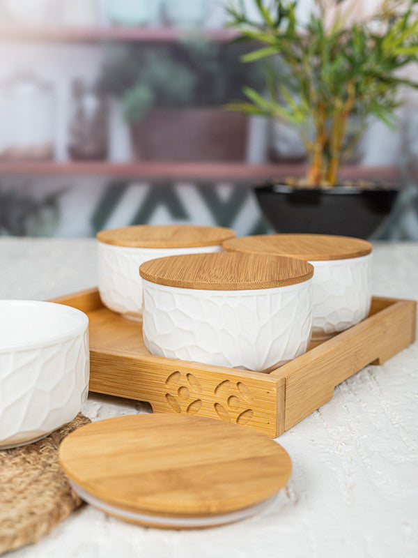 Porcelain Bowl with Wooden Lid & Tray (Set of 5pcs)