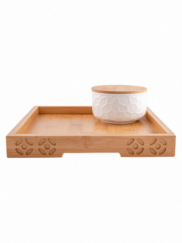 Porcelain Bowl with Wooden Lid & Tray (Set of 5pcs)