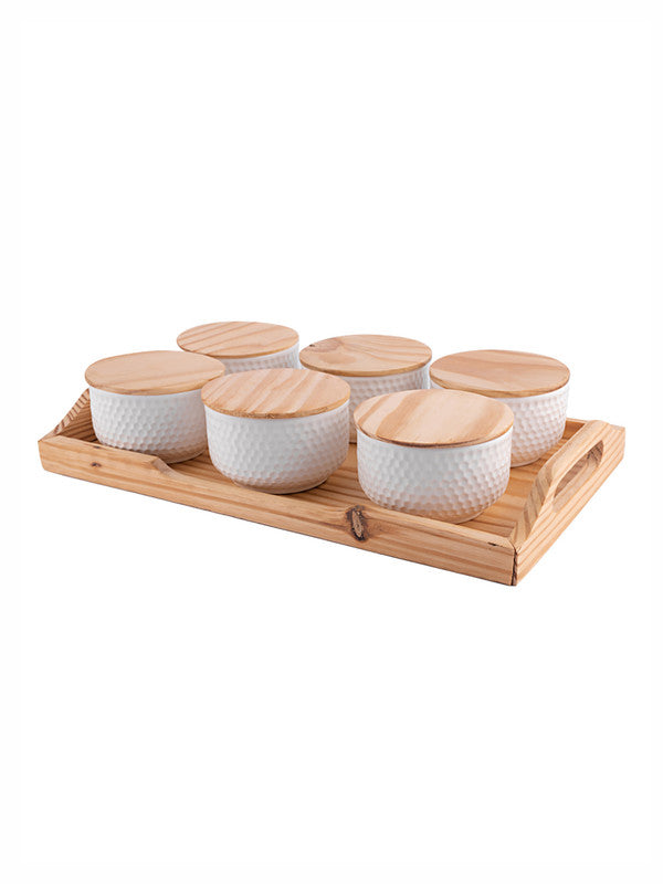 Porcelain Round Bowl with Wooden Tray & Lid (7pcs Set of 6pcs Bowl with Lid & 1pc Tray)