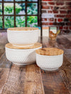 Porcelain Round Bowl with Wooden Lid (Set of 3pcs)