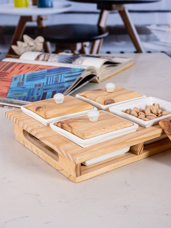 Porcelain Rect. Bowl with Wooden Tray & Lid (5pcs Set of 4pcs Bowl with Lid & 1pc Tray)