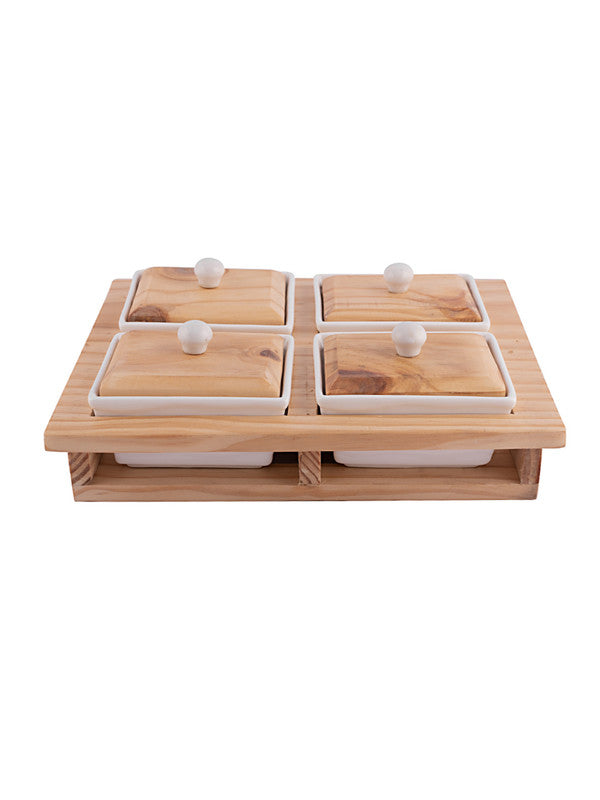 Porcelain Rect. Bowl with Wooden Tray & Lid (5pcs Set of 4pcs Bowl with Lid & 1pc Tray)